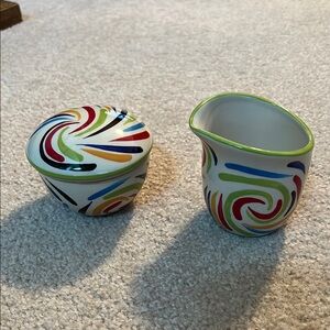 Gail Pittman hand painted Ceramic creamer/sugar bowl set Tango Swirl collection